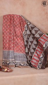 Bright Red and Geometric Pattern Pallu Ajrakh Semi Tussar Silk Saree
